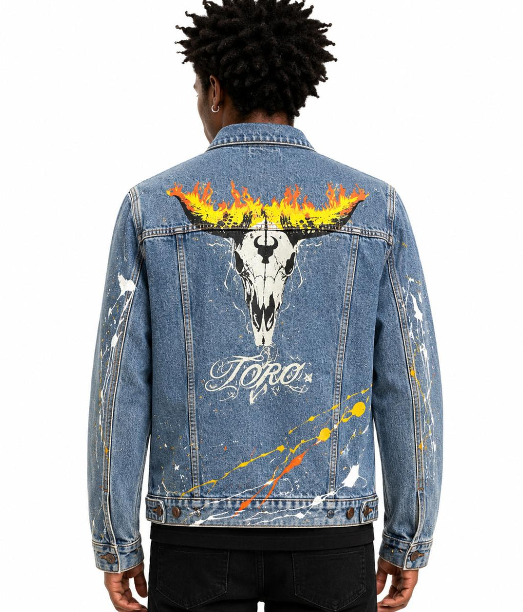 Jaqueta TORO Custom respingos Jeans Flame Skull  Tam/GG