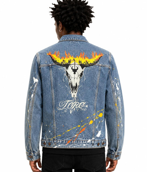 Jaqueta TORO Custom respingos Jeans Flame Skull  Tam/GG
