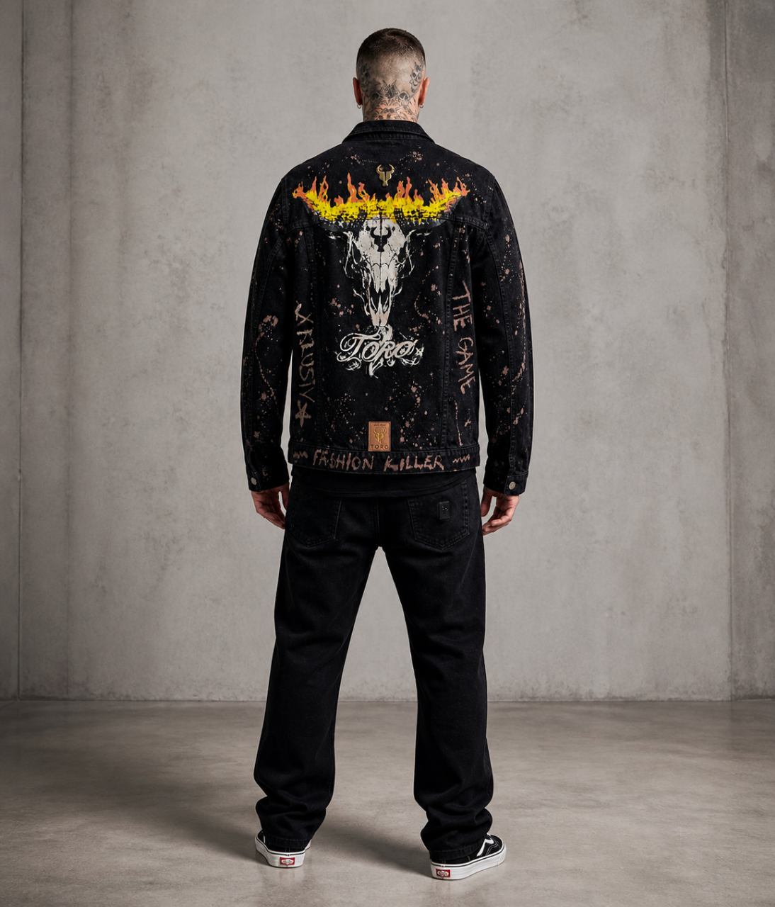 Jaqueta TORO Custom Jeans preta Flame Skull