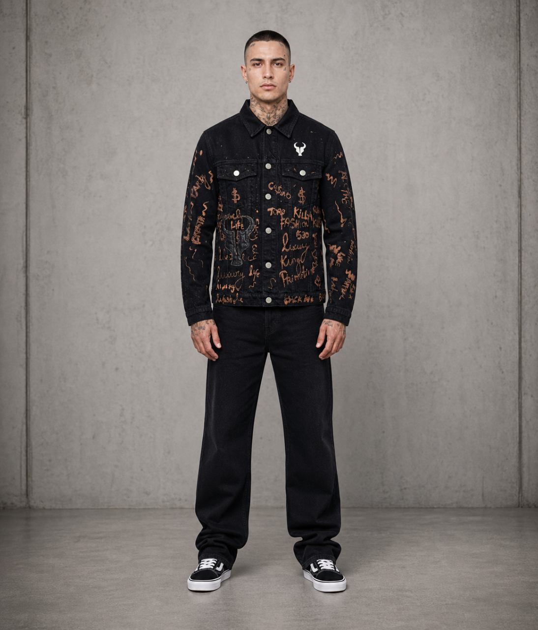 Jaqueta TORO Custom Jeans preta Flame Skull