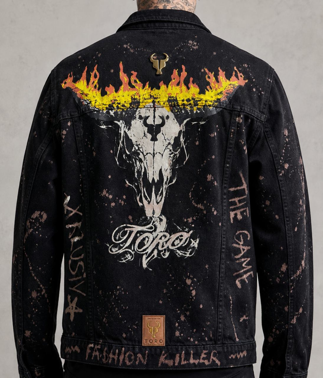 Jaqueta TORO Custom Jeans preta Flame Skull